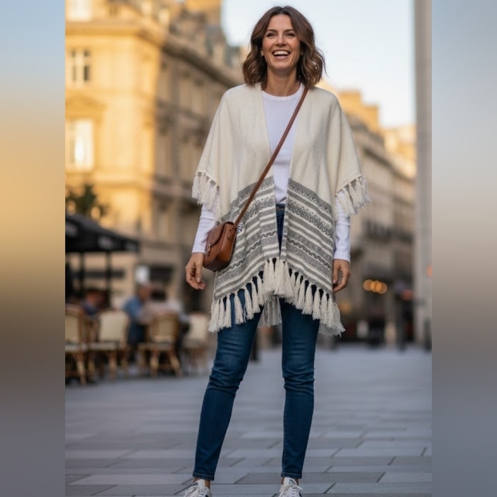 Cream and Gray Patterned Fringe Shawl Size OS